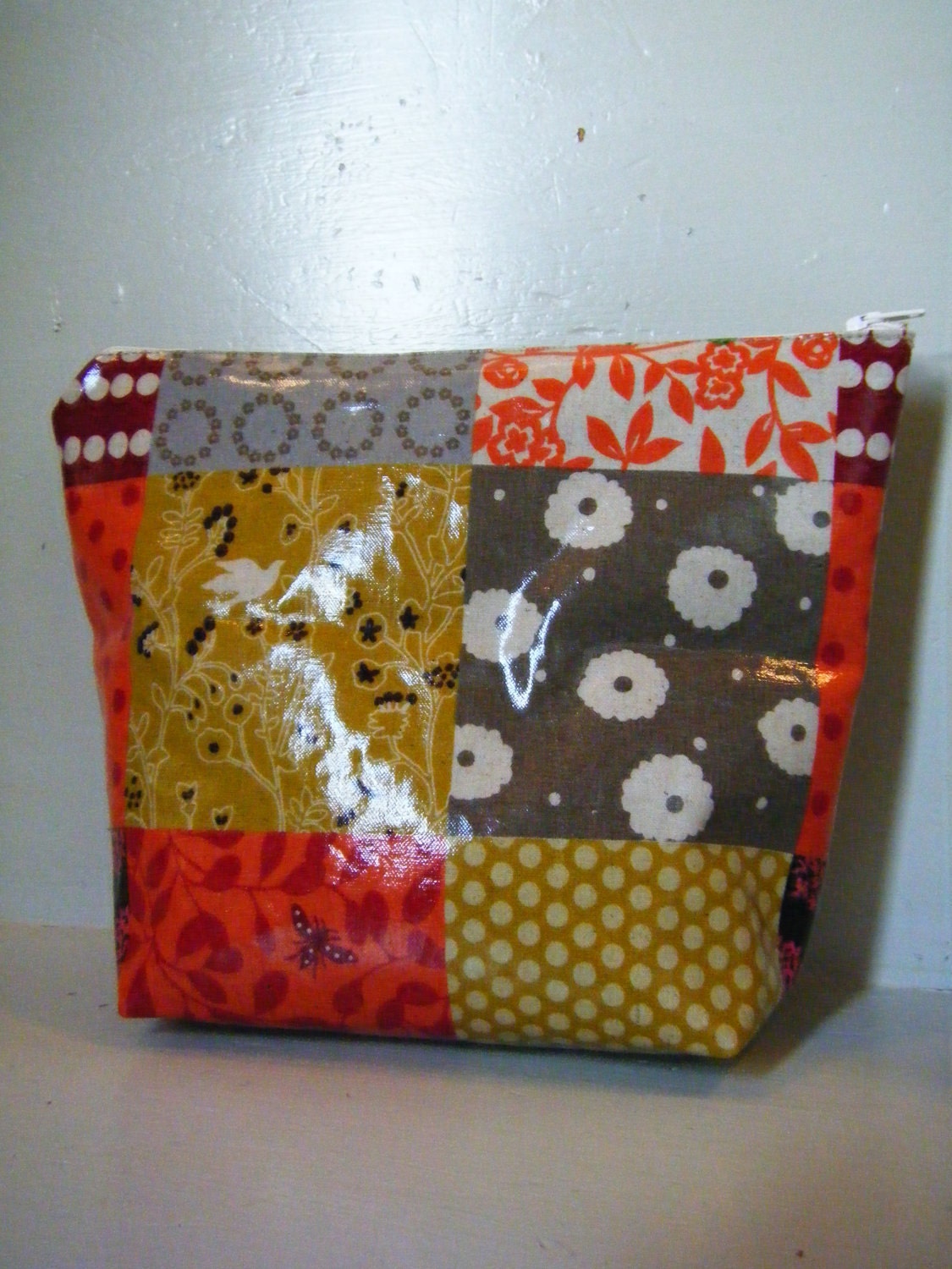 Cosmetic Bag Zippered Pouch Clutch in the Echino Story Laminated Cotton and Linen Blend Fabric