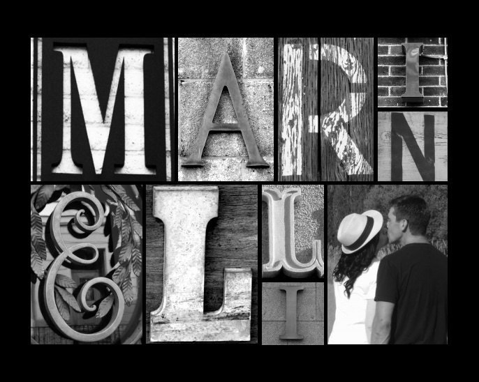 Custom 8x10 Name Collage (Unframed) - FREE SHIPPING - Black & White - Wedding, Christmas, Anniversary and Birthday Gift