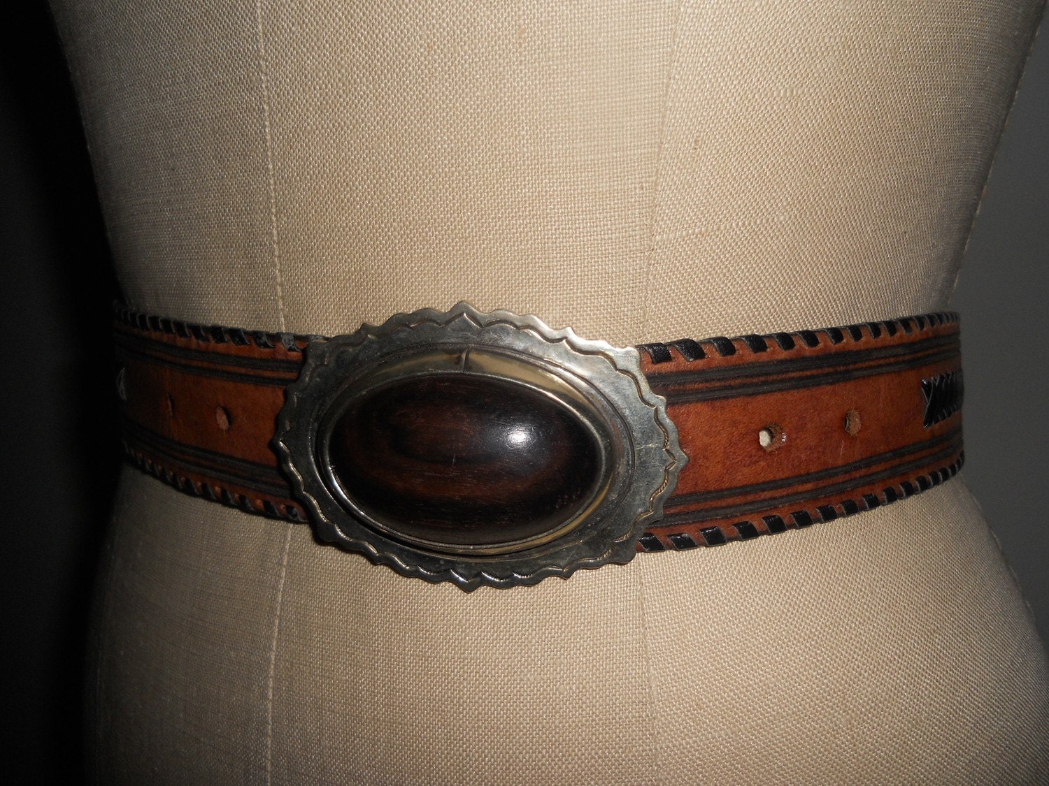 Western Belt Leather Tooled Laced Artist Signed Embossed Steel Plate Wood detail
