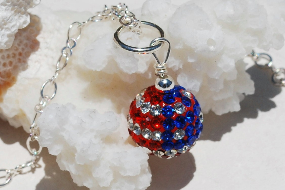 American Flag Necklace Patriotic Crystal Ball Pendant Sterling Silver Americana Olympics
