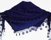 PASHMINA SCARF With Floral Lace, For Women, For Gift, Navy Blue