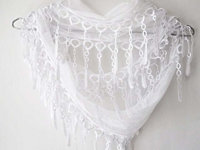 Snow White Cotton Organic Scarf With Fringed Lace, Wedding, Gift