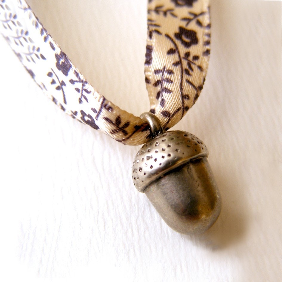 Woodland Necklace with a little acorn on satin ribbon - liberty ribbon