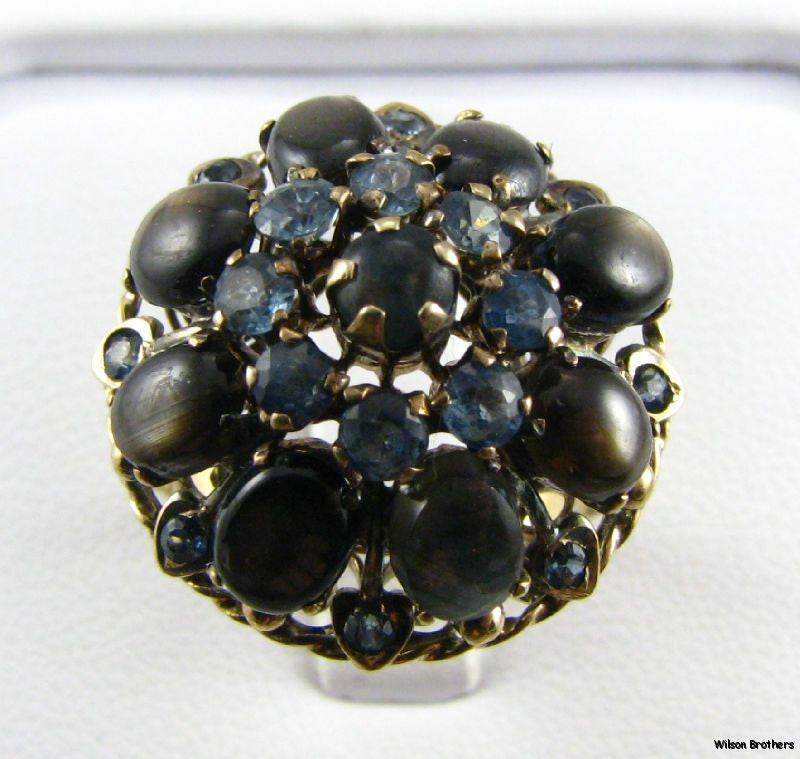Vintage 14k Gold 5.12ctw Genuine Black Star Sapphires & 1.14ctw Blue Sapphires Cocktail Ring