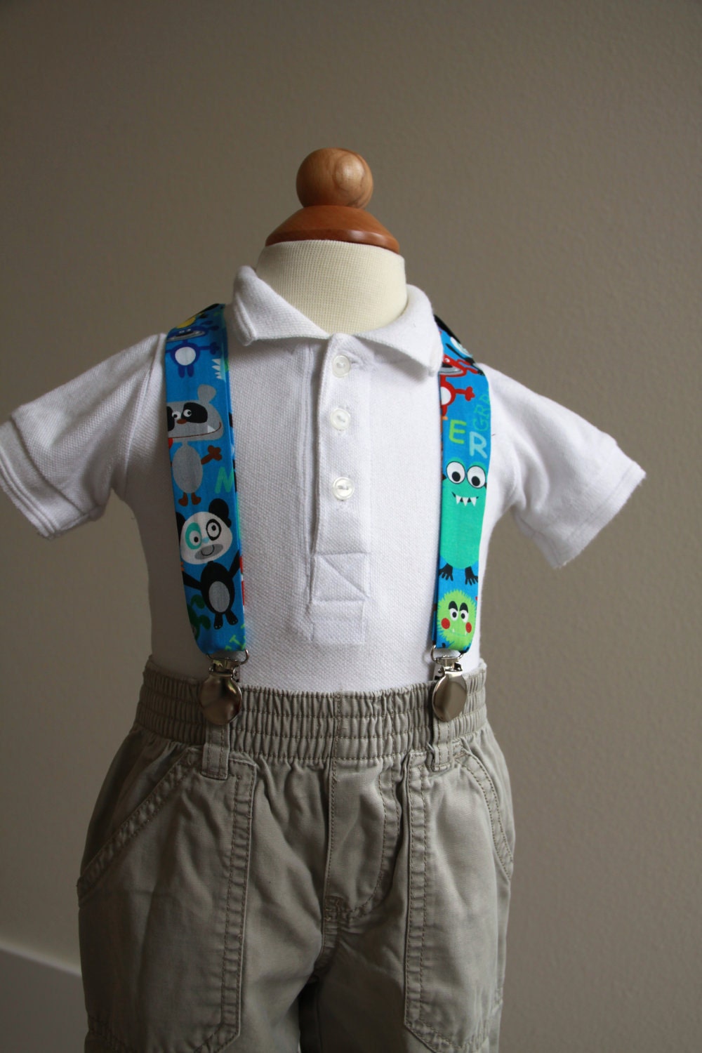 Monster print blue adjustable suspenders