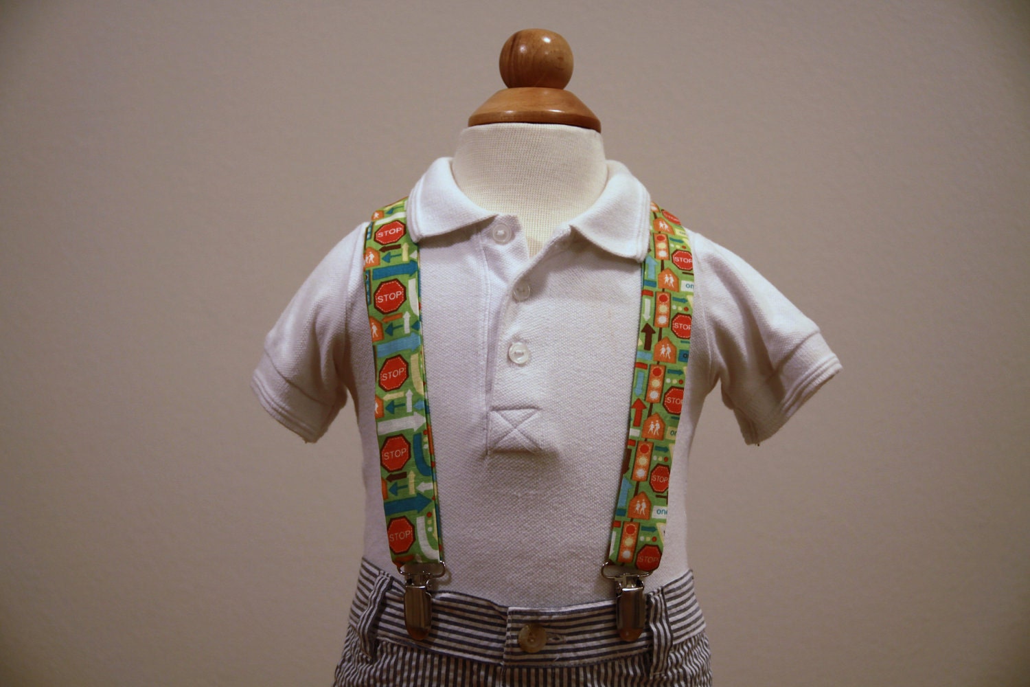 Suspenders with colorful transportation signs