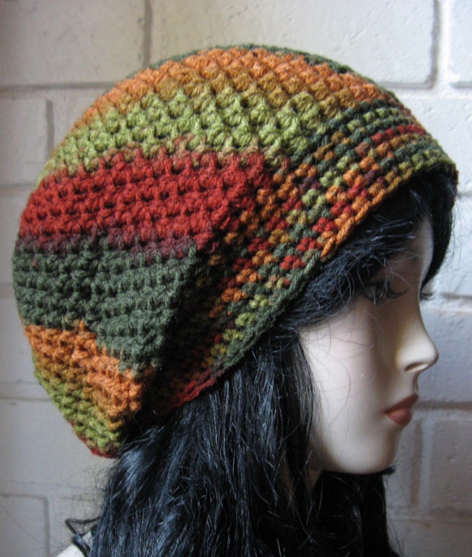 Red Orange Green Fall Hand Croche Hat Rasta Beanie Slouchy Hippie