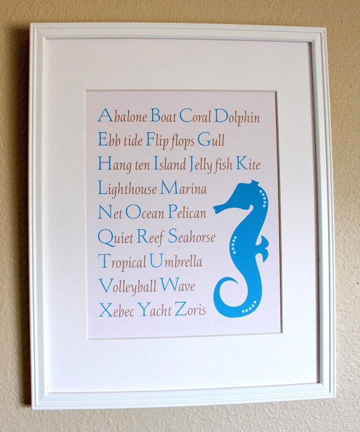 Seahorse Alphabet Art Print, 8x10, Custom Colors, Unframed