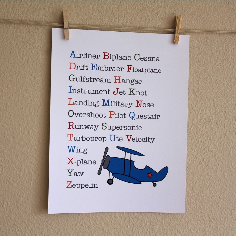 Airplane Alphabet Nursery Decor, 8x10, Unframed