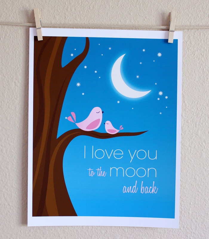 I Love You to the Moon and Back with Pink Birds Art Print, 8x10, Unframed