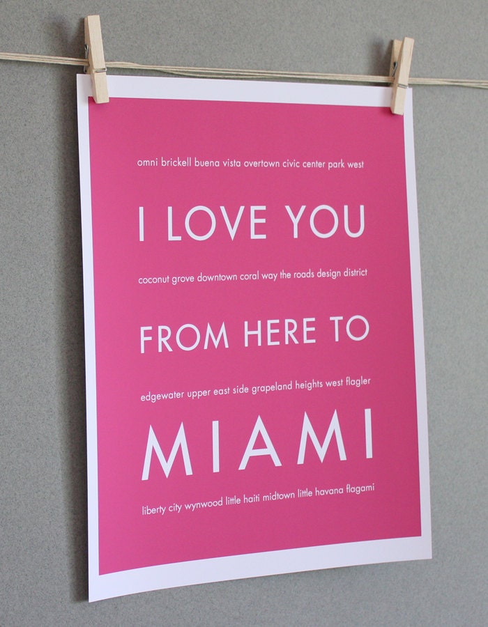 Miami Poster, I Love You From Here To MIAMI, 8x10, Choose Color, Unframed, Fathers Day SALE 