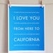 California Travel Art, I Love You From Here To CALIFORNIA, 8x10, Choose Color, Unframed