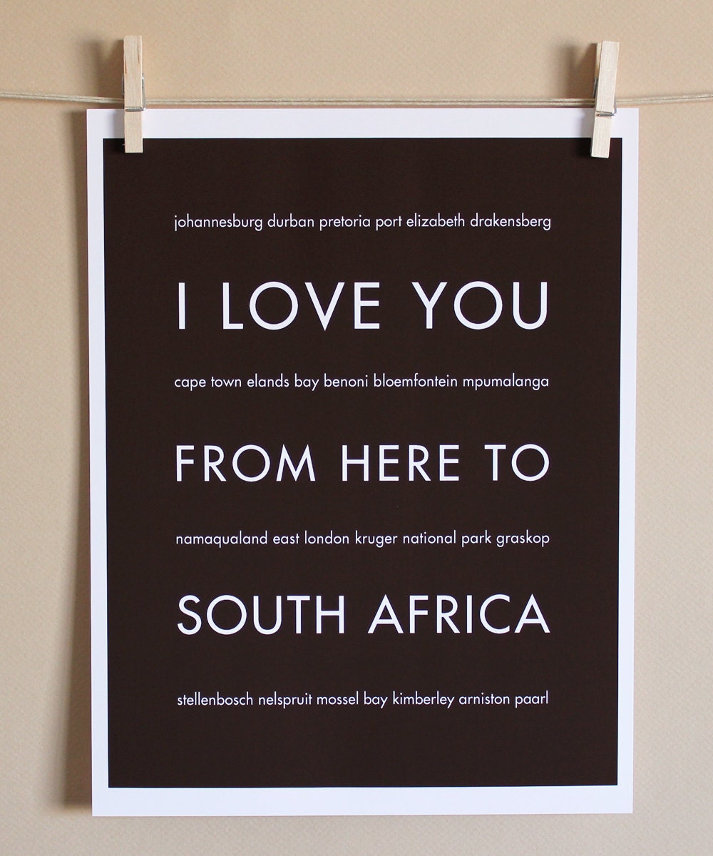 Africa Typography Art, I Love You From Here To SOUTH AFRICA, 8x10, Choose Color, Unframed, Fathers Day SALE 