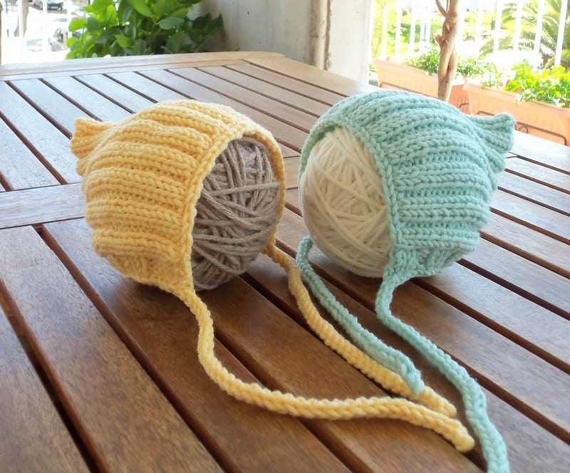 Ribbed Newborn Photography Prop Pixie Bonnet - Pale yellow or Aqua- Knit Baby Hat- Newborn Photo Prop Hat