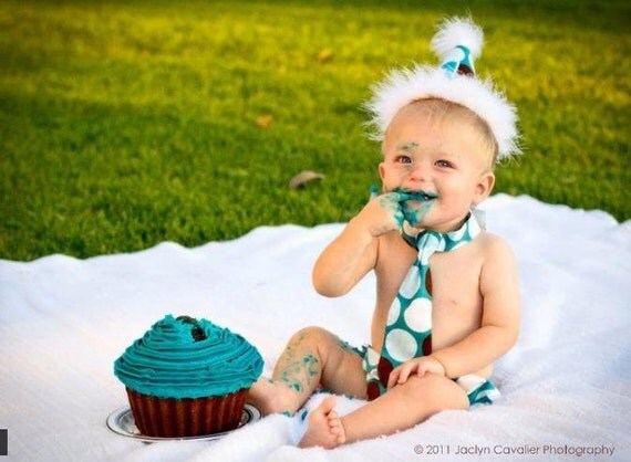 RUSH ORDER Baby Boy / Toddler Party Hat,  Necktie & Diaper Cover Teal White Chocolate Brown Mod Dot