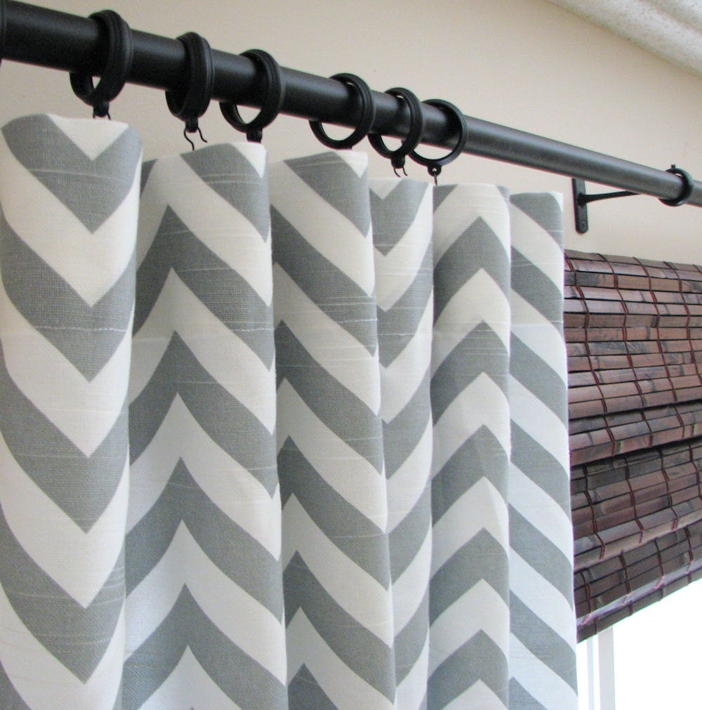 Pair of Decorative Designer Custom Curtains Drapes 50 x85   Ash Gray and White Chevron Zig Zag with Blackout Lining
