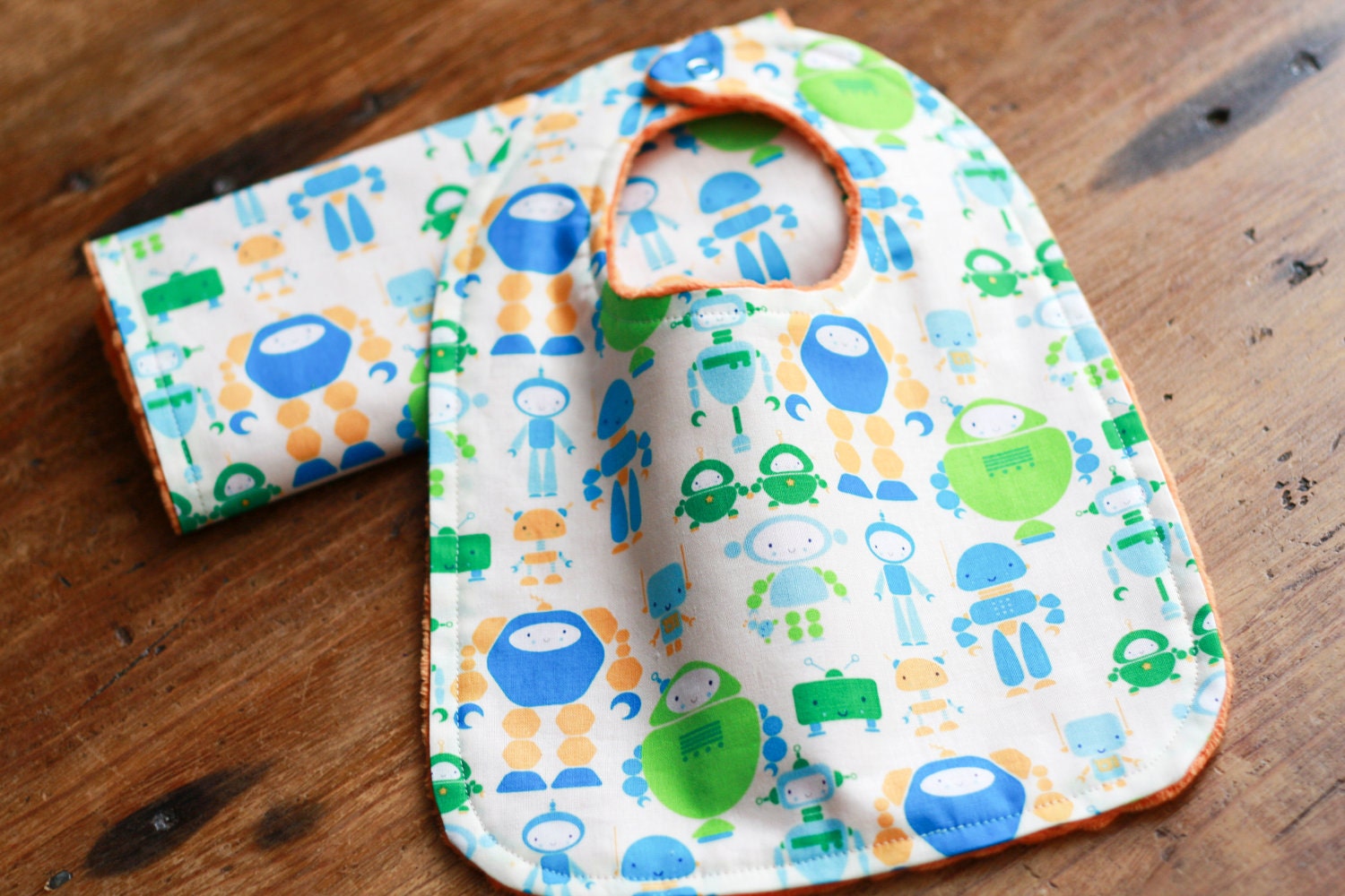 Baby Gift Set - Bib and Burp Cloth - I Heart Bots in Blue