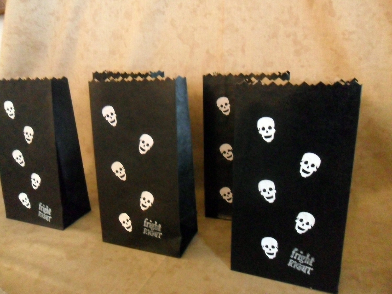 Laughing Skulls and Crossbones Stickers and Gift Bags Halloween Bags Treat Trick Skeleton Black White Hostess Set
