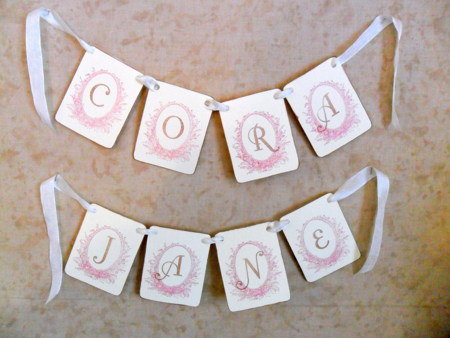 Paper Banner Garland Name Saying Made to Order Custom Pink Cream Chocolate Brown Seam Binding Ribbon