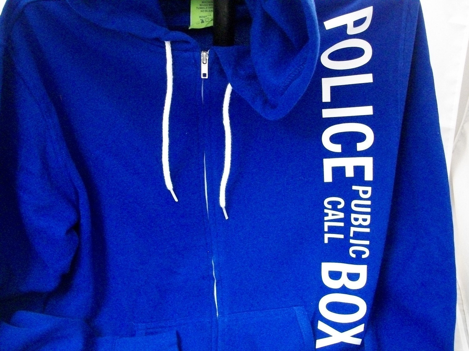 UPGRADED Police Box Hoodie Cobalt Blue With Sleeve Lettering Added Made To Order
