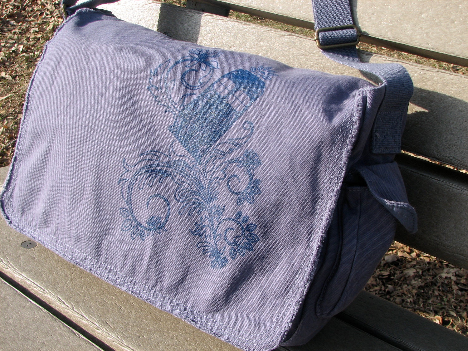 Henna Police Box Denim Blue Cotton Canvas  Large Messenger Bag