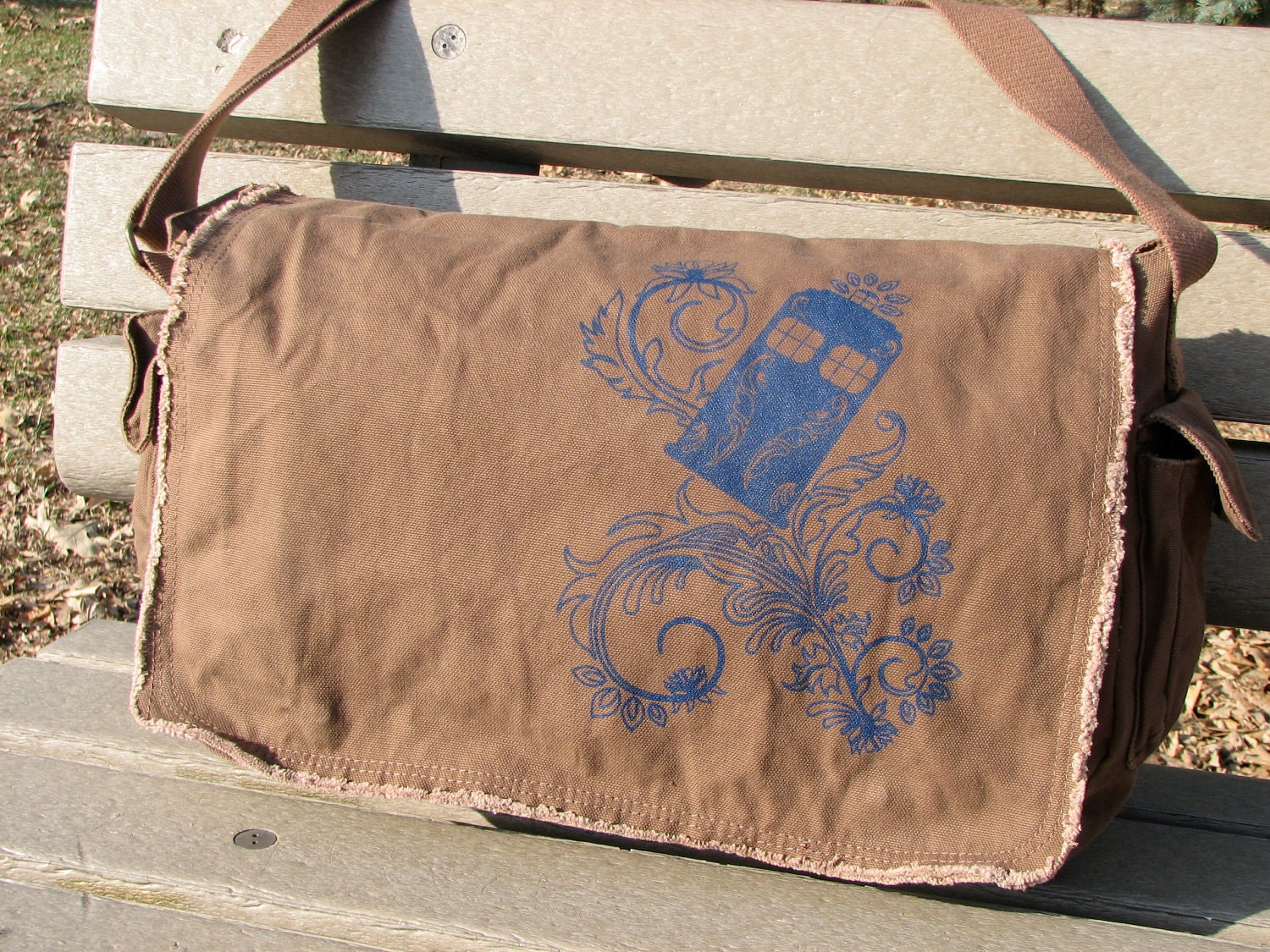 Henna Police Box Java Brown Cotton Canvas Large Messenger Bag