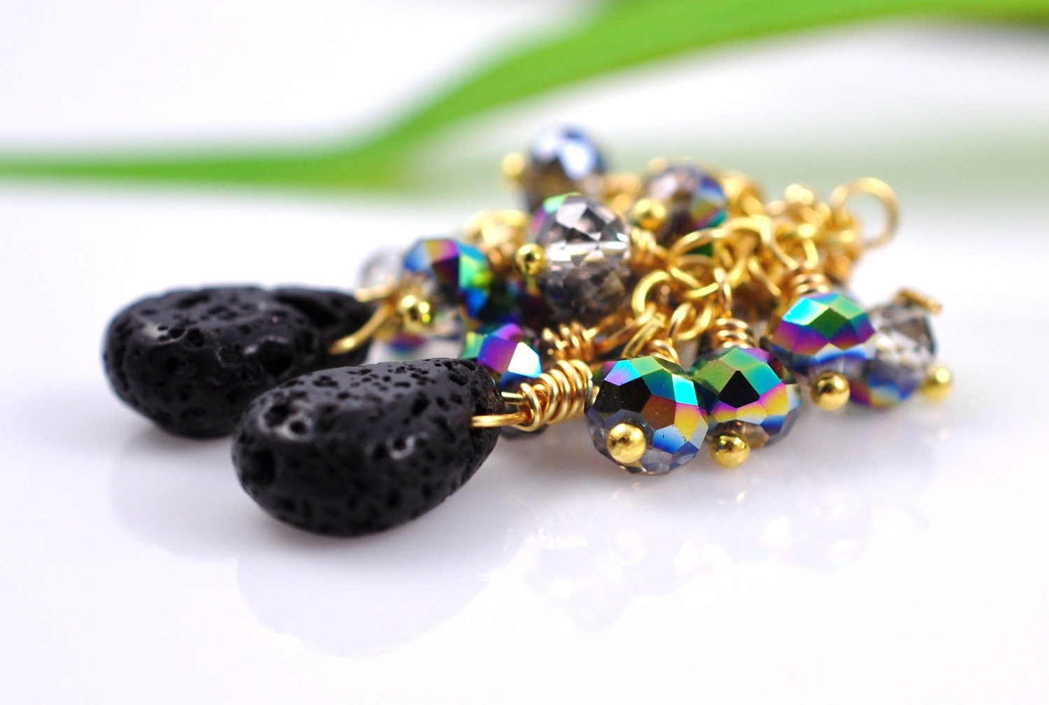 14 karat gold earrings - hawaiian lava rock and vitrail crystal - Black Magic