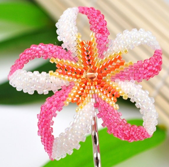 Hawaiian flower white pink and orange plumeria bobby by lostaloha