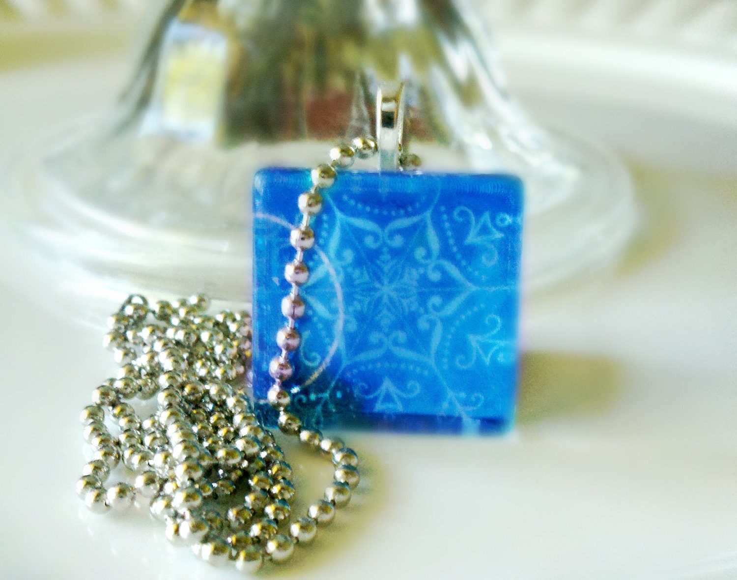 Blue Snowflake Glass Tile Pendant