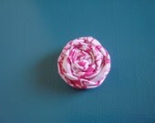 Rolled Fabric Flower Headband Single - Hot Pink and White Damask - on Skinny Elastic - Newborn Infant Toddler Girl Adult