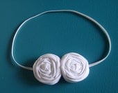Rolled Fabric Flower Headband DOUBLE - Bright White - on Skinny Elastic - Newborn Infant Toddler Girl Adult