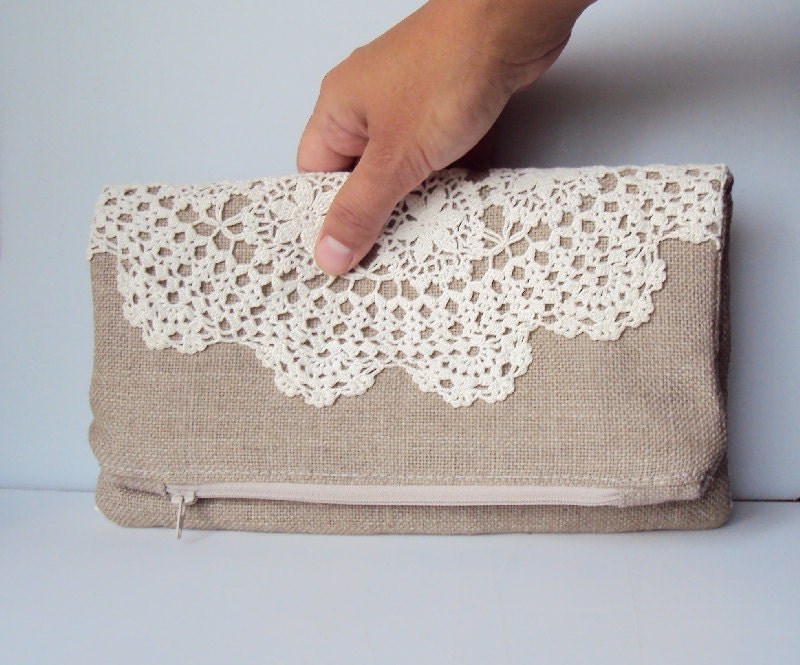 Large Burlap Foldover Zipper Clutch Vintage Doily