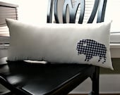 Houndstooth Buffalo Silhouette in High Quality Wool Felt Throw Pillow in White Cotton
