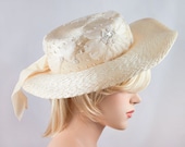 Vintage Straw Beaded Silk Flower Rhinestone Jewel Wide Brim Hat