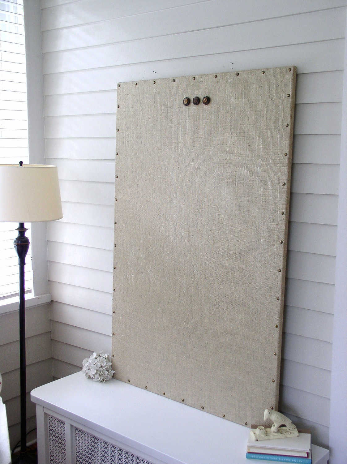 Huge X-Large Burlap Memo Board - MAGNETIC Bulletin Board with Hardwood Construction, Brass Upholstery Nail Head Tacks and Button Magnets