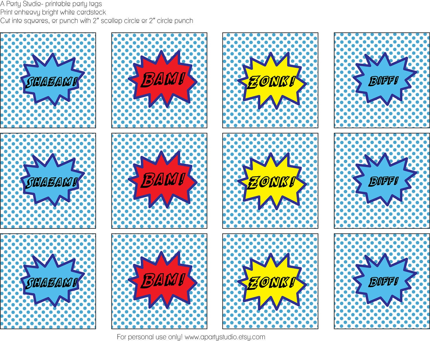 Comic Book Superhero- starburst party tags- print your own