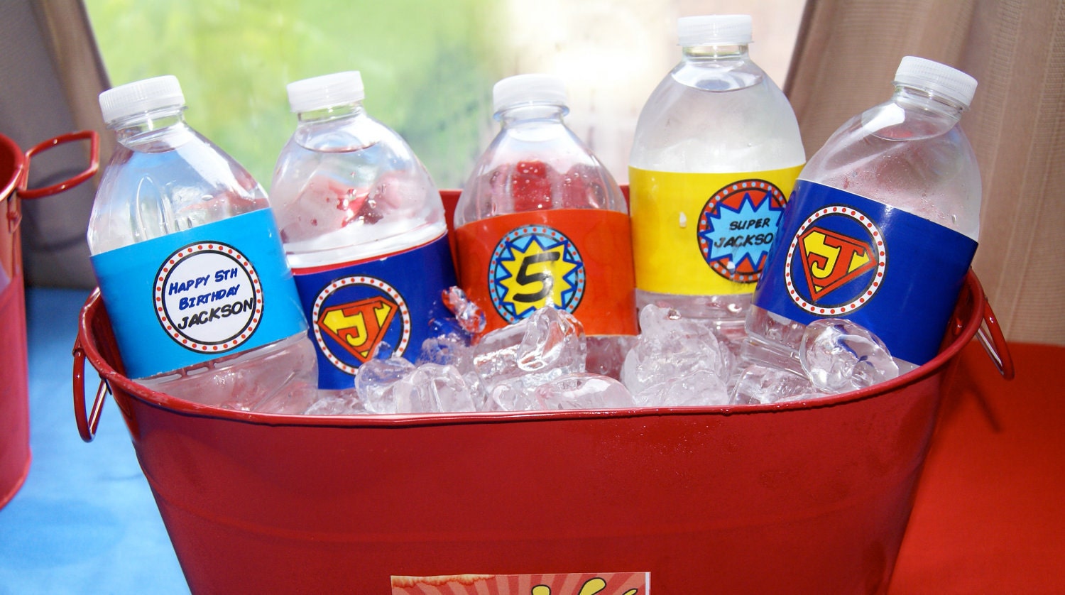 Comic Book Superhero Birthday Party water bottle wrappers- print your own