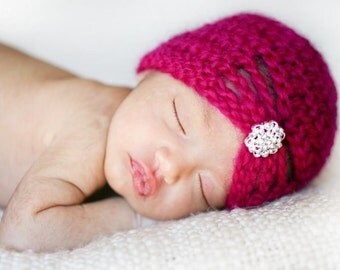 Newborn Hot Pink Flapper Hat with Jewel