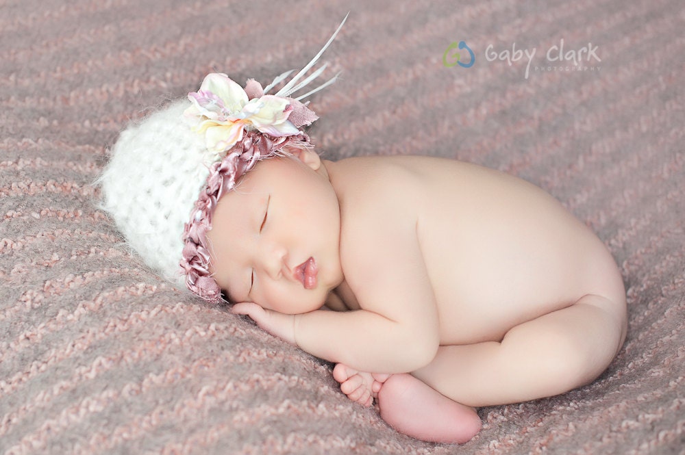 Newborn Hat with Flower and Feather Accents