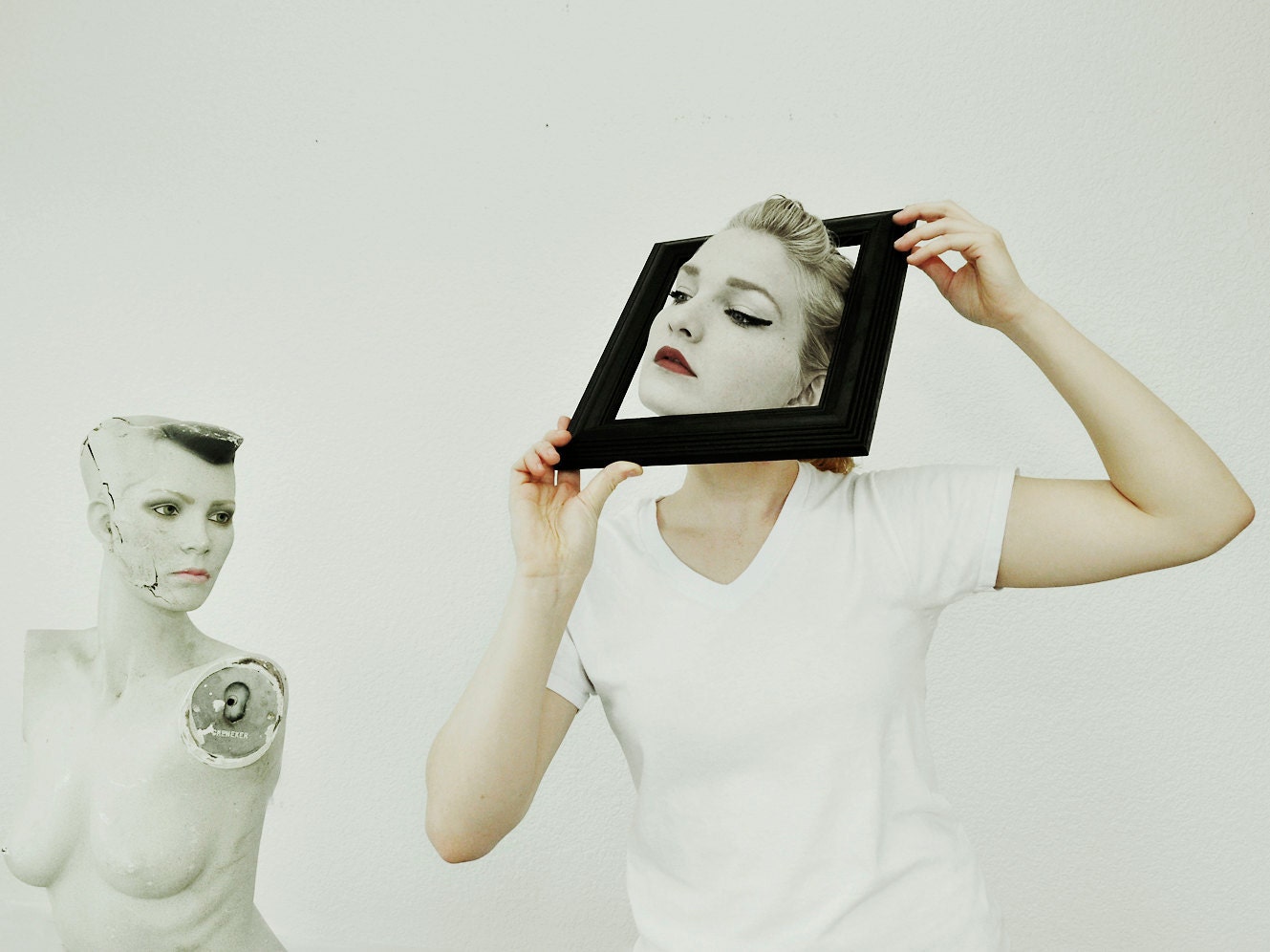 Fine Art Photo Print - Surreal Fashion with Mannequin - Quirky Weird Portrait of Woman in Black and White - Home Decor Wall Art 8 x 10