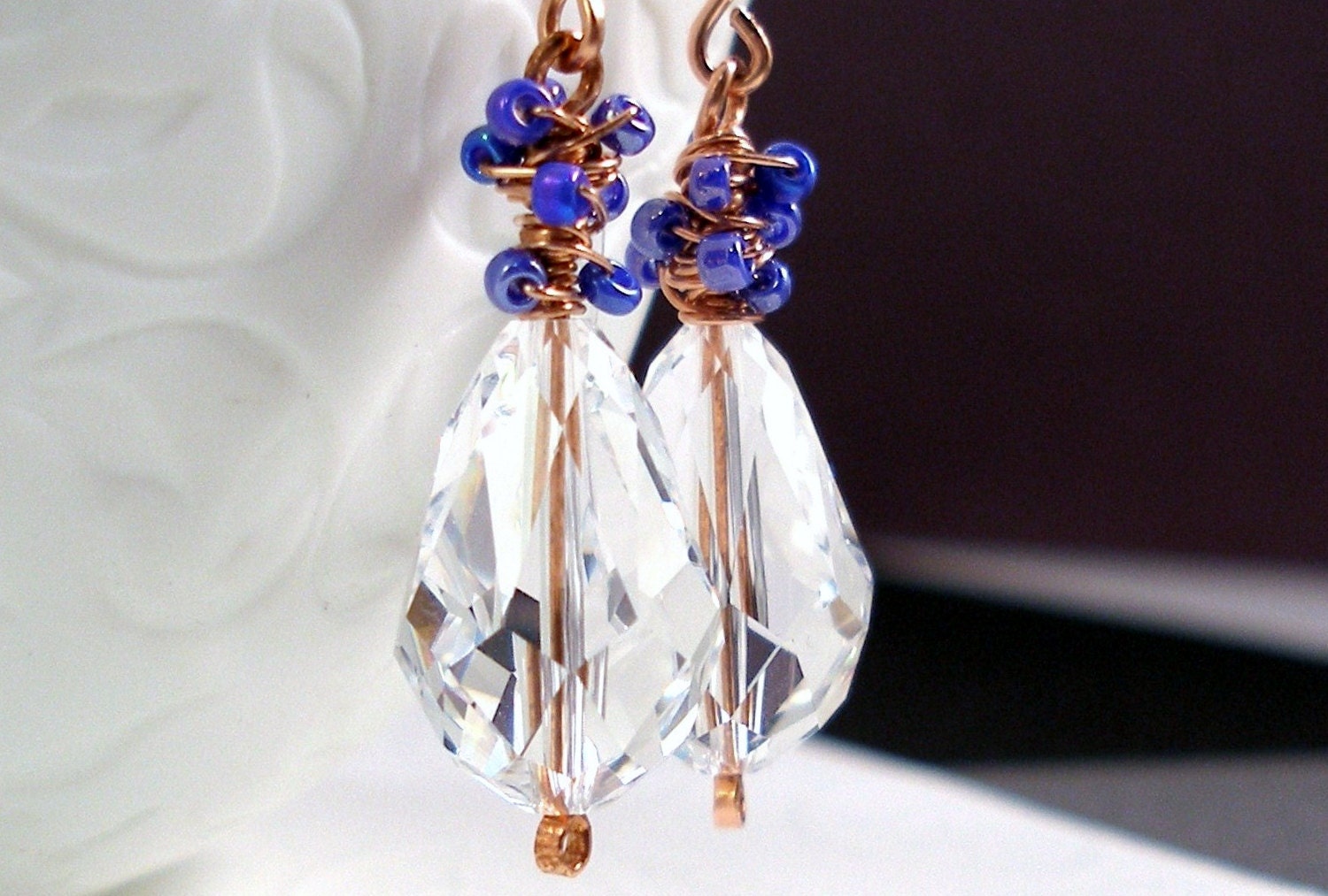 Swarovski Crystal Earrings Wire Wrapped Purple Seed Beads Drop Copper - Grape Balls and Fire