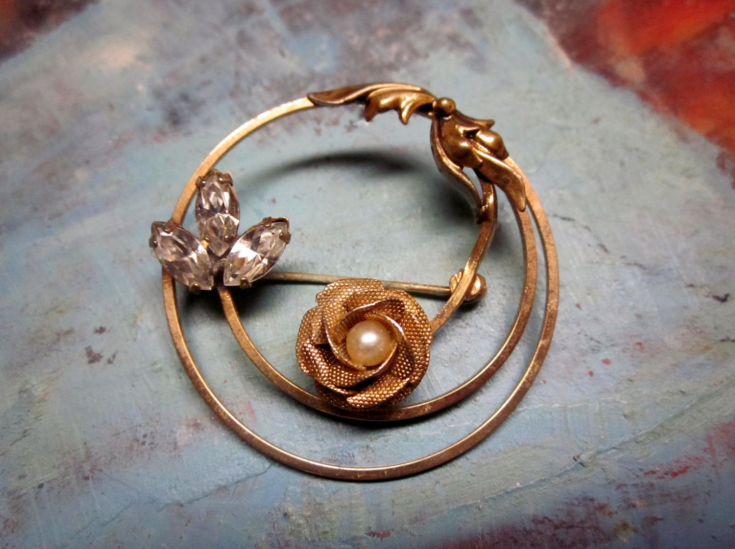 Vintage Brooch Rhinestone Pin 12K Gold Filled Flower Brooch Signed 1940s Jewelry