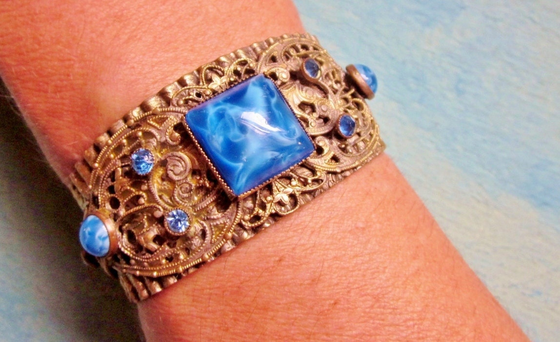 Art Deco Bracelet Gold Brass Blue Satin Glass Rhinestones Filigree Cuff Vintage 1930s Bracelet