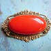 Art Deco Brooch Brass Flowers Red Glass Cabochon Vintage 1920s Jewelry