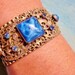 Art Deco Bracelet Gold Brass Blue Satin Glass Rhinestones Filigree Cuff Vintage 1930s Bracelet