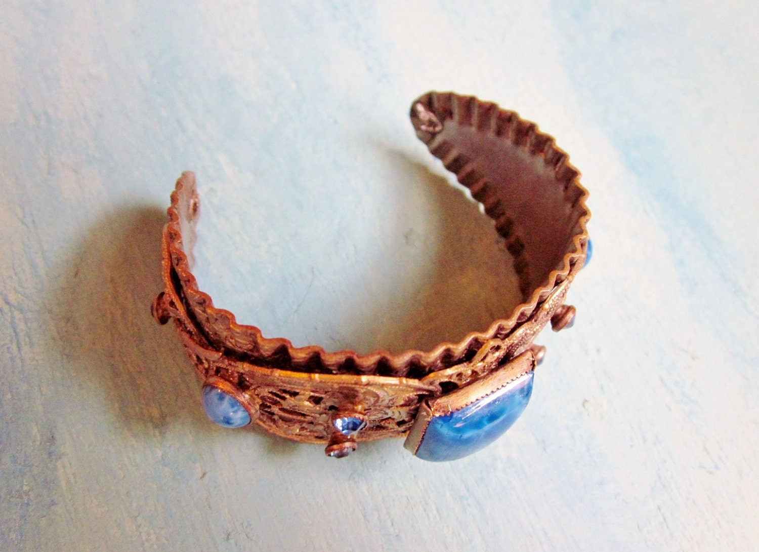 Art Deco Bracelet Gold Brass Blue Satin Glass Rhinestones Filigree Cuff Vintage 1930s Bracelet