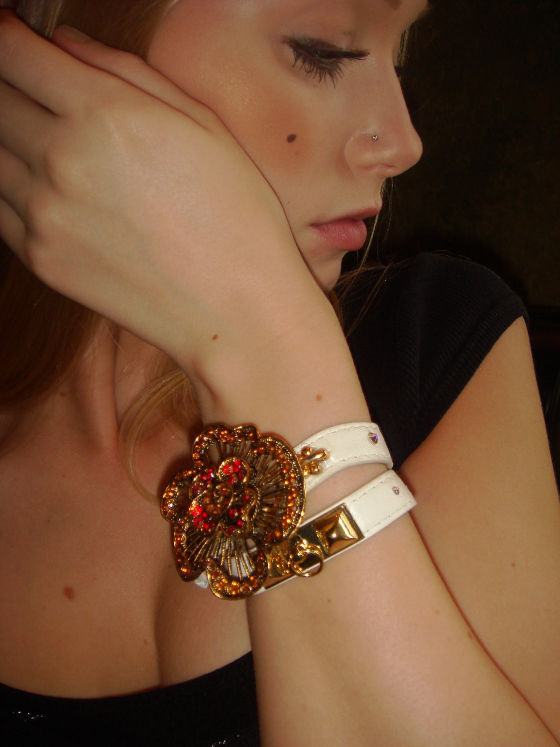 Great Gatsby 1920s style Art Deco CHERRY & Lemon Ice Genuine Leather Bracelet Re-purposed Crystal Flower Brooch Bejeweled Swarovski