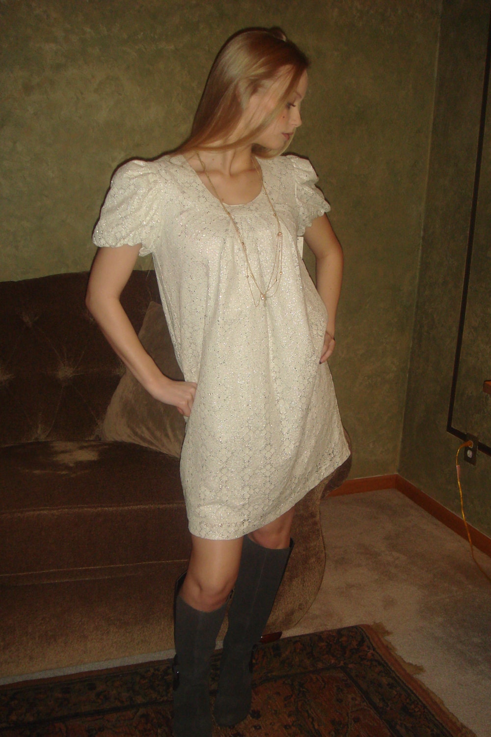 Ladies size Med/Authentic 1970s Worthington Tent Dress Eyelet Ivory Lace /Tent /swing Dress/ Cocktails/party dress/Fall Ivory swing Dress