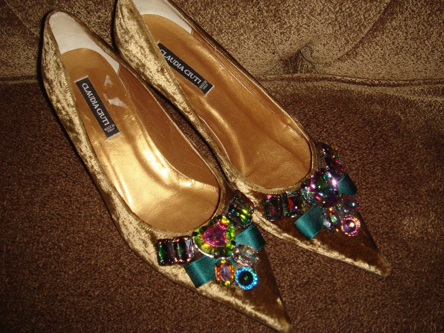 Fall Brown Suede Giant GLASS Slipper Shoes/ Bejeweled pumps/Vintage Ladies Shoes/ Italian CLAUDIA Ciuti /plush Velour /genuine leather