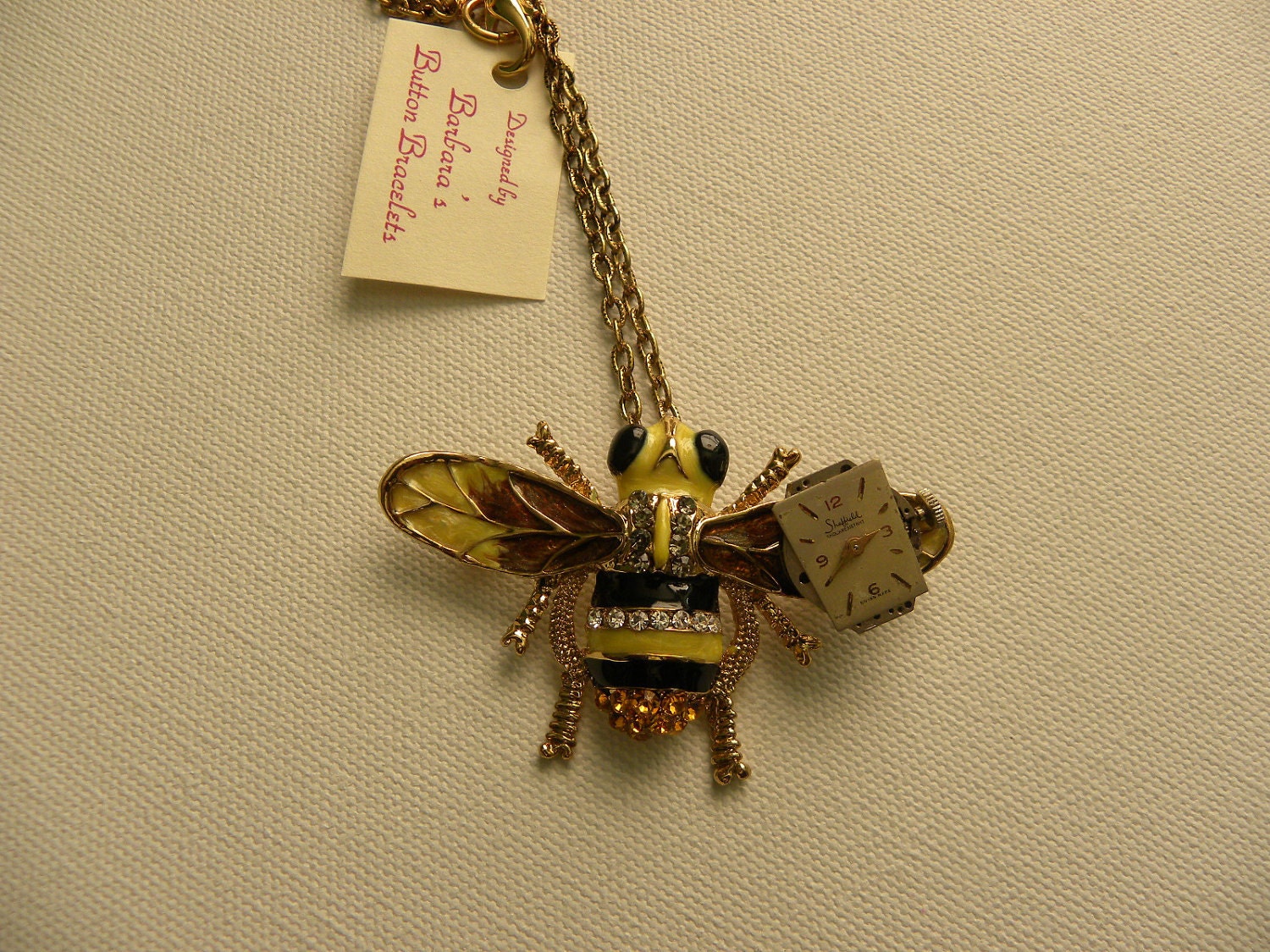 BEE ON TIME Steampunk Necklace Enamel Rhinestones Vintage Watchface SoLD